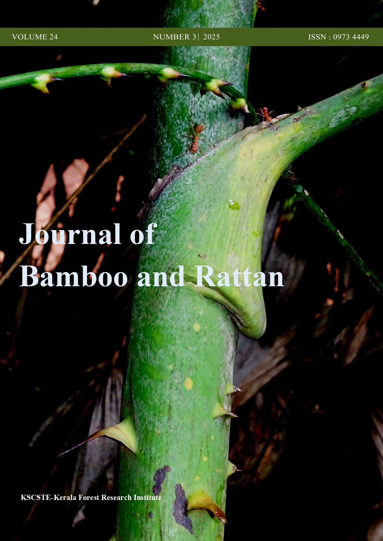 Cover Image : Leaf sheath of Calamus peregrinus, a solitary-stemmed, evergreen climbing palm  found in the tropical rainforests of Peninsular Malaysia. Image Credit: Dr. Sreekumar V. B, Principal Scientist & Head  Forest Botany Department, KSCSTE - Kerala Forest Research Institute, Peechi
